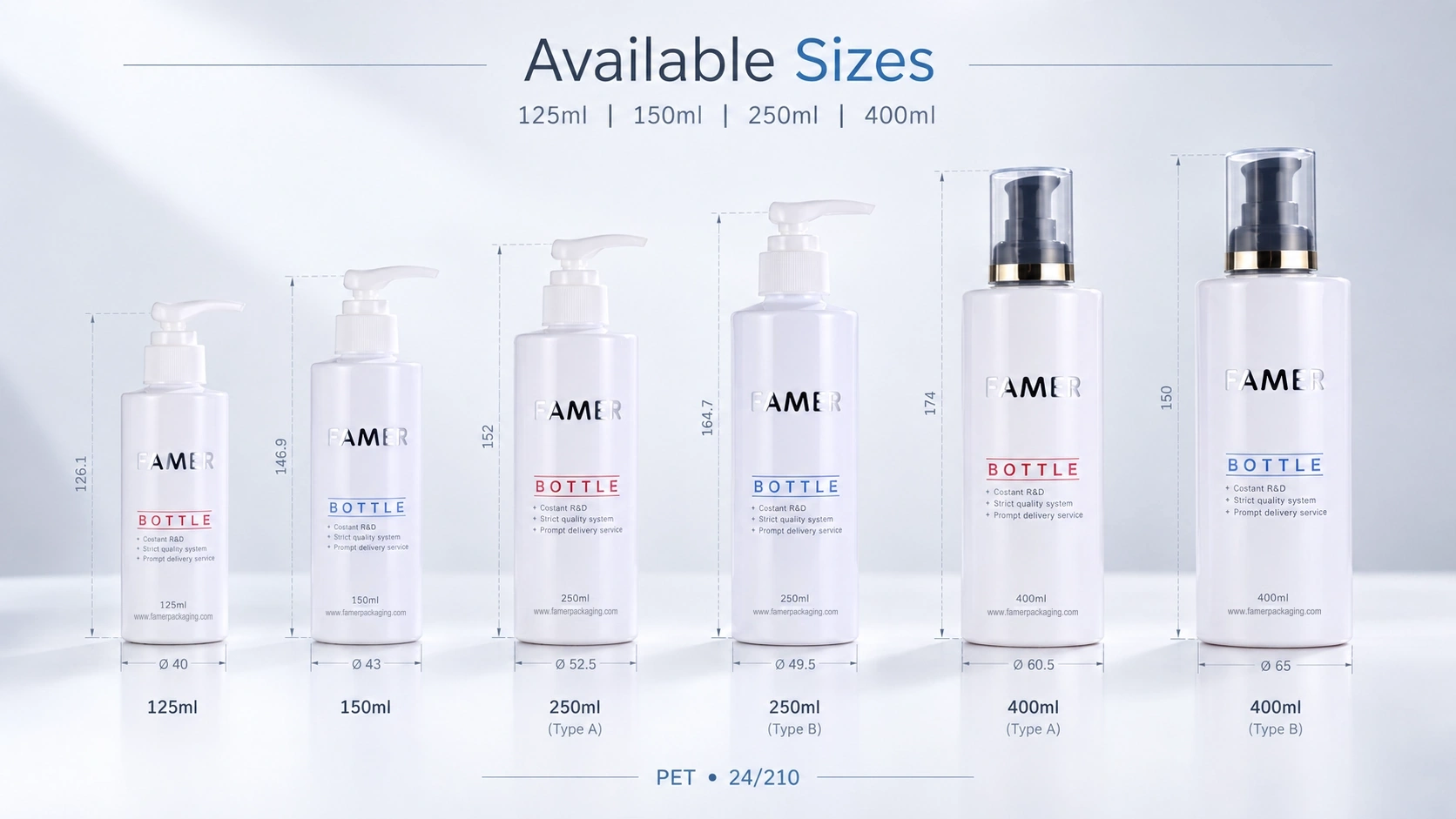 FAMER PET cosmetic bottle size chart: 125ml, 150ml, 250ml and 400ml bottles with 24/210 neck finish and dimensions FAMER PET cosmetic bottle size chart: 125ml, 150ml, 250ml and 400ml bottles with 24/210 neck finish and dimensions